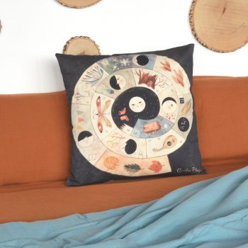 Cojín de 50 centímetros fabricado con sarga de algodón orgánico, con la ilustración Rayuela de Cecilia Plaza.